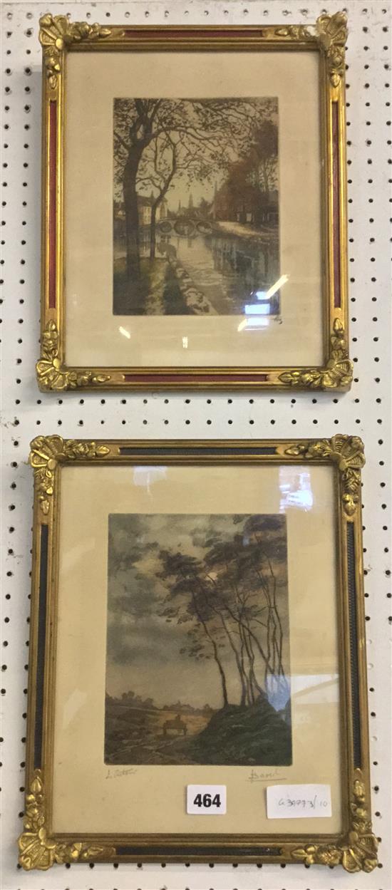 Pair of French coloured etchings